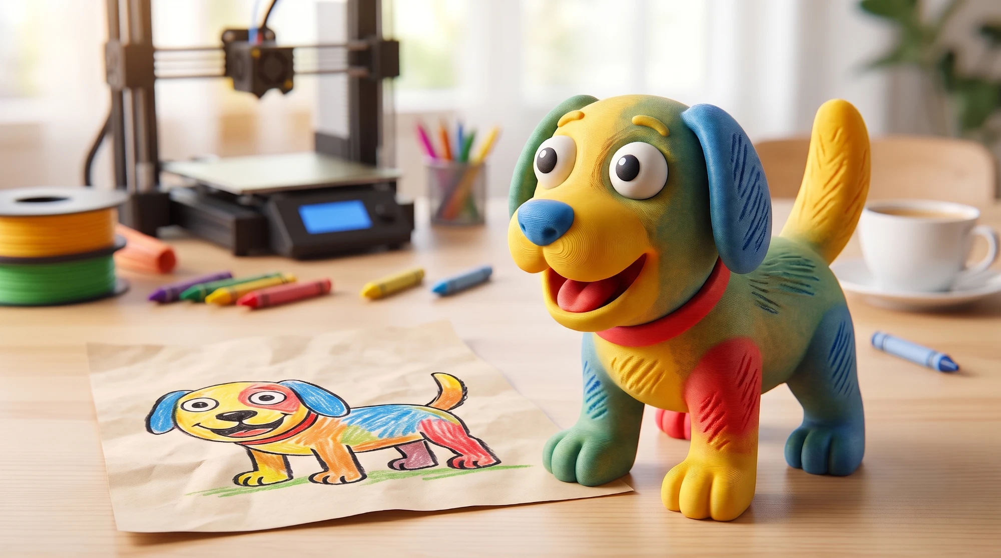 En barnteckning av en färglad hund bredvid den 3D-printade figuren av samma hund