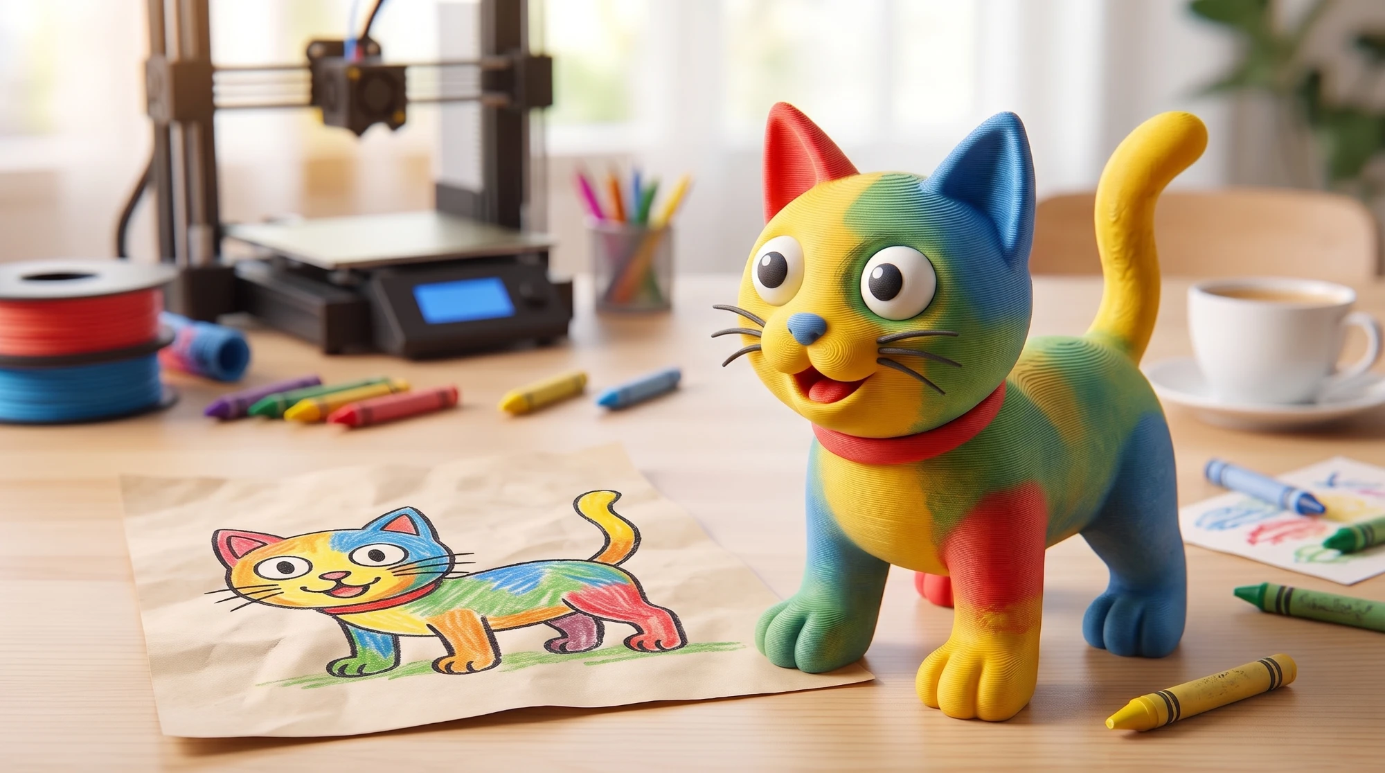 En barnteckning av en färglad katt bredvid den 3D-printade figuren av samma katt
